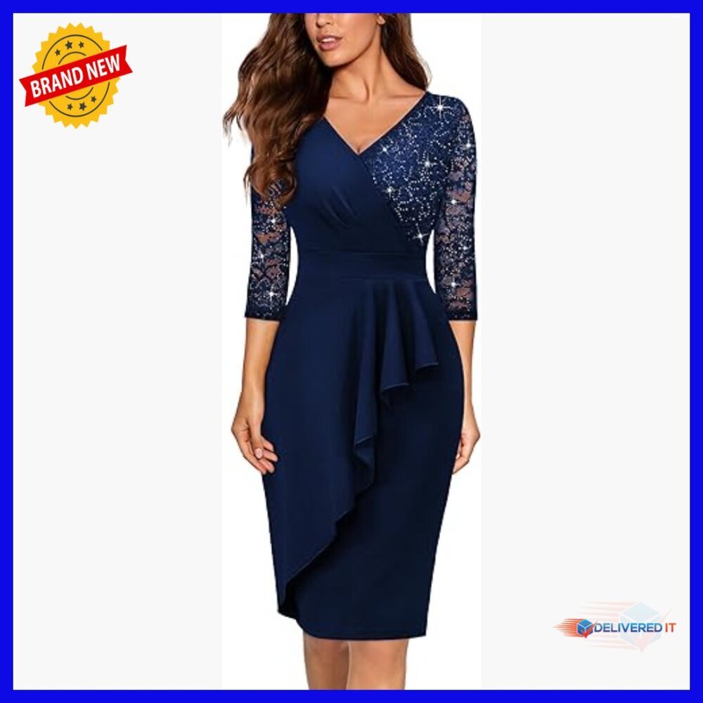 V-Neck Glitter Sequin Lace 3/4 Sleeve Cocktail Party Dress Sheath Fit